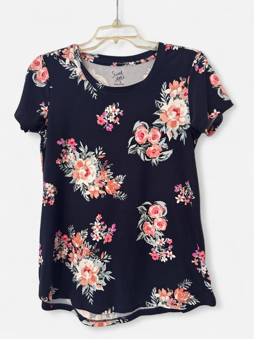 Pink Rose Navy Floral Short Sleeve Tee with Pink & Peach Blooms
